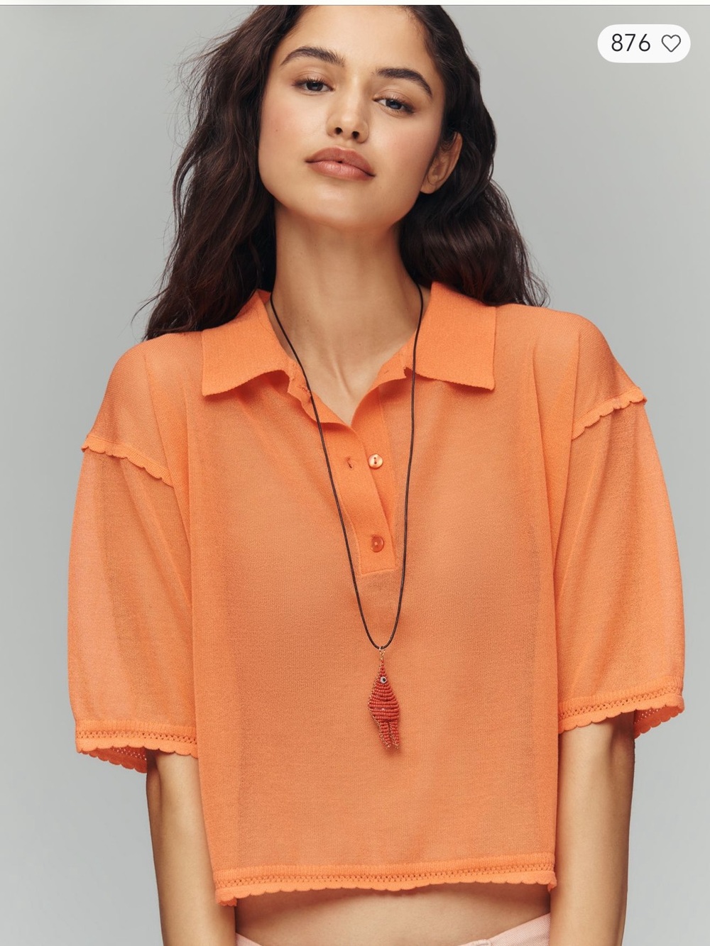 MAEVE Mango Bright Orange Sheer Collared Crop Top